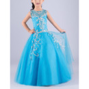 Luxury Ball Gown Sleeveless Full Length Tulle Flower Girl Dress/ Gorgeous Crystal Rhinestone Girls Party Dresses