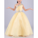 Gorgeous Ball Gown Asymmetric Neck Sleeveless Full Length Organza Flower Girl Dress/ Girls Party Dresses