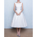 Simple Bateau Neckline Tea Length Lace Wedding Dresses with Cutout Waist
