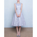 Simple A-Line Sleeveless Tea Length Lace Wedding Dress with Cutout Waist