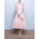 Simple A-Line Tea Length Lace Pink Wedding Dress with Cutout Waist