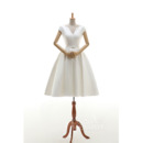Simple Ivory V-Neck Knee Length Satin Wedding Dresses with Cap Sleeves