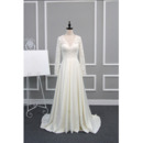 Dramatic Illusion Back V-Neck Lace Bodice Wedding Dresses with Long Sleeves