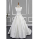 Simple Plunging Scoop Back Satin Wedding Dresses with Pleated Skirt and Buttons Back