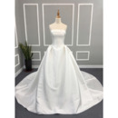 Simple Ball Gown Strapless Ivory Satin Wedding Dresses with Pleated Skirt