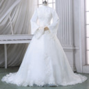 Vintage Beaded Appliques High-Neck Satin Organza Winter Wedding Dresses with Long Sleeves