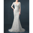 Ethereal Beaded Appliques Sheath V-Neck Lace Tulle Wedding Dresses with Half Sleeves