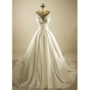 Simple Ball Gown Deep V-Neck Court Train Satin Wedding Dresses with Pleated Skirt