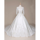 Luxury Crystal Beading Appliques Ball Gown Satin Wedding Dresses with 3/4 Long Sleeves