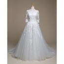 Romantic Beaded Appliques Ball Gown Tulle Wedding Dresses with 3/4 Long Sleeves
