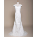 Elegant Sheath Sweep Train Tulle Over Satin Wedding Dresses with Cap Sleeves