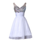 Shimmering Attractive V-Neck Short Rhinestone Sequined Organza Satin Cocktail Party Dresses