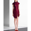 Fashionable Sheath Mandarin Collar Asymmetrical Hem Cocktail Dresses with Cap Sleeves and Beaded Appliques
