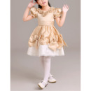 Lovely Flower Round Neckline Short Satin Lace Flower Girl Dresses with Bubble Sleeves