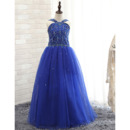 Gorgeous Spaghetti Straps Crystal Detailing Royal Blue Little Girls Party Dresses with Pleated Skirt