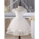 Lovely Ball Gown Knee Length First Communion Dress with Short Sleeves/ Cute Beaded Two Layered Skirt Tulle Flower Girl Dresses