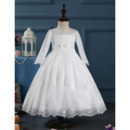 Lovely Tea Length First Communion Dresses with Long Sleeves/ Vintage Lace Applique Adornments Flower Girl Dresses
