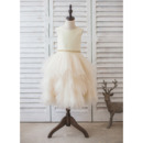 Popular Tea Length Satin Tulle Layered Bubble Skirt Flower Girl Dresses with Beading Belt