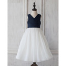 Simple V-Neck Sleeveless Tea Length Two Clolor Organza Flower Girl Dress with Pleated Bust and Skirt