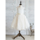 Cute Ivory Cap Sleeves V-back Knee Length Lace Flower Girl Dresses with Sashes