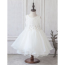 Pretty Ivory Ball Gown Tea Length Lace Organza Flower Girl Dresses with Crystal Beading