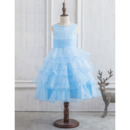 Pretty Ball Gown Tea Length Organza Layered Skirt Flower Girl Dresses with Beaded Neckline