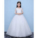 Sweet White Ball Gown Full Length Lace Tulle Flower Girl Dress with Long Sleeves