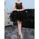 Luxury Beaded Ball Gown Illusion Neckline Sleeveless Short Black Bubble Skirt Little Girls Party Dresses