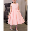 Lovely Beautiful A-Line Tea Length Beaded Pleated Chiffon Applique Summer Flower Girl Dresses with Petal Detailing