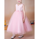 Inexpensive Ball Gown Sleeveless Tea Length Satin Tulle Pink Flower Girl Dress