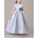 Cute Simple Sleeveless Ankle Length Pleated Silver Satin Flower Girl Dresses with Hand-made Flowers