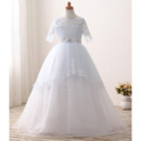 Classy Beaded Waist Ball Gown Flower Girl/ First Communion Dress with Half Sleeves and Layered Draped High-Low Skirt