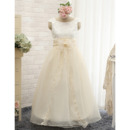Beautiful Bateau Neck Full Length Satin Organza Embroidery Flower Girl Dresses with Pleated Waist