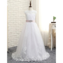 Affordable Slight Cap Sleeves Floor Length Lace Tulle White Flower Girl/ First Communion Dresses