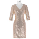 Custom Shimmering V-Neck Knee Length Sequined Mother of The Bride Dresses with 3/4 Long Sleeves