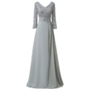 Luxury Beaded V-Neck Floor Length Chiffon Mother Dresses with 3/4 Long Sleeves