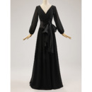 Custom Discount Double V-Neck Floor Length Pleated Black Chiffon Mother of The Bride Dresses with Long Sleeves