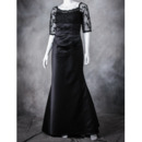 Discount Full Length Asymmetrical Pleated Satin Lace Black Mother of The Bride Dresses with Half Sleeves