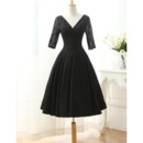 Elegant Simple Double V-Neck Knee Length Black Lace Mother of The Bride Dresses with Half Sleeves