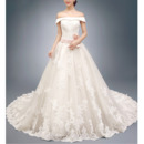 Gorgeous A-Line Off-the-shoulder Appliques Tulle Wedding Dresses with Long Train