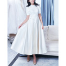 Vintage A-Line Crew Neck Ankle Length Satin Wedding Dresses with Short Sleeves