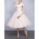Discount Off-the-shoulder Knee Length Pleated Tulle Bridesmaid Dresses with Satin Waistband