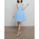 Affordable V-Neck Knee Length Pleated Light Sky Blue Tulle Bridesmaid Dresses with Bowknot