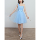 Discount Simple One Shoulder Knee Length Satin Tulle Ruched Bridesmaid Dresses with Bow