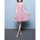Inexpensive Discount Strapless Sleeveless Short Satin Tulle Ruched Bridesmaid Dresses with Bow