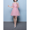 Simple Short Satin Tulle Pleated Bridesmaid Dresses with Short Illusion Sleeves