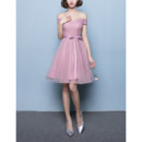 Inexpensive A-Line Off-the-shoulder Short Tulle Pleated Bridesmaid Dresses with Satin Waistband