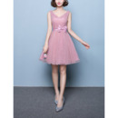 Inexpensive A-Line V-Neck Short Tulle Pleated Bridesmaid Dresses with Satin Bowknot