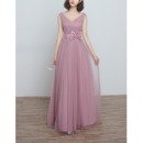 Inexpensive New V-Neck Long Length Satin Tulle Ruched Bridesmaid Dresses with Bowknot