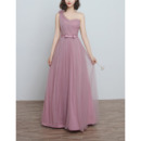 Inexpensive One Shoulder Long Length Satin Tulle Pleated Bridesmaid Dresses with Bow